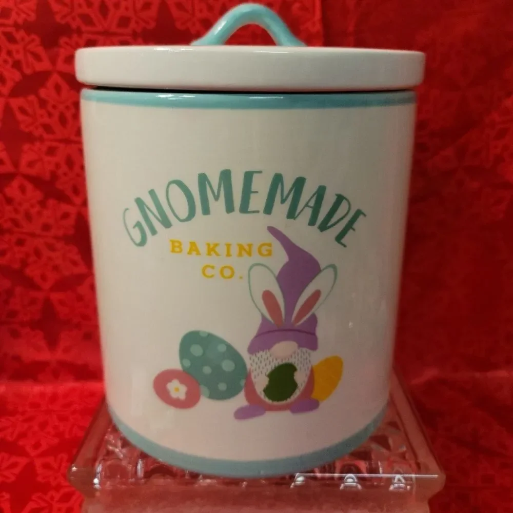 DesignPac Gnomemade Baking Co Ceramic Cookie Jar Huge White Teal Easter Gnome